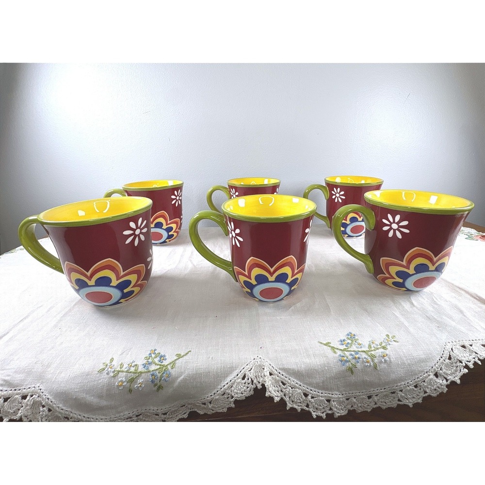 Pier 1 Mexicali Ironstone Mugs Set of 6 Burgundy Floral Boho Coffee Cups